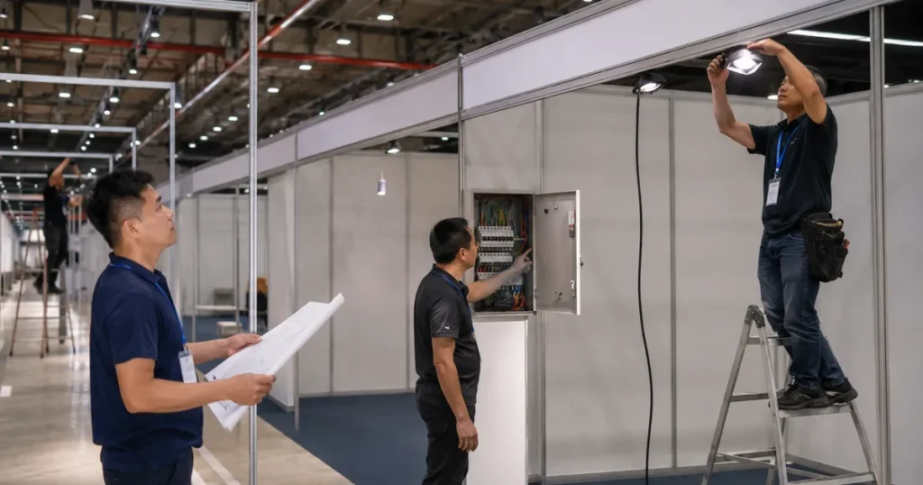 Kỹ thuật viên kiểm tra gian hàng hội chợ triển lãm trước khai mạc